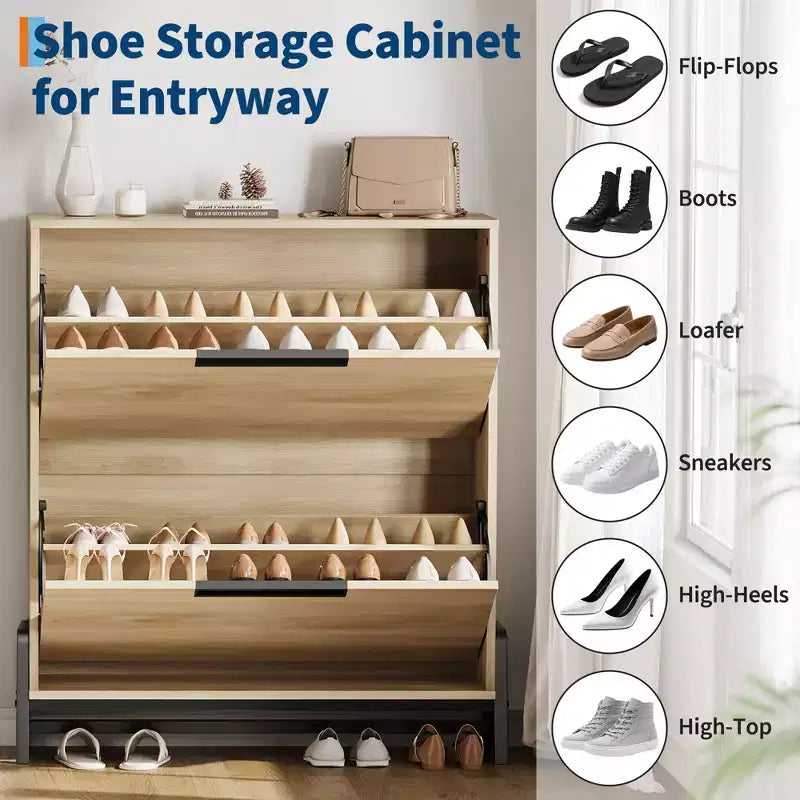 Schuhschrank mit 2 Klappfächern und Metallbeinen, freistehendes schmales Schuhregal, platzsparender Eichenholz-Schuh-Organizer für den Eingangsbereich