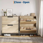 Schuhschrank mit 2 Klappfächern und Metallbeinen, freistehendes schmales Schuhregal, platzsparender Eichenholz-Schuh-Organizer für den Eingangsbereich