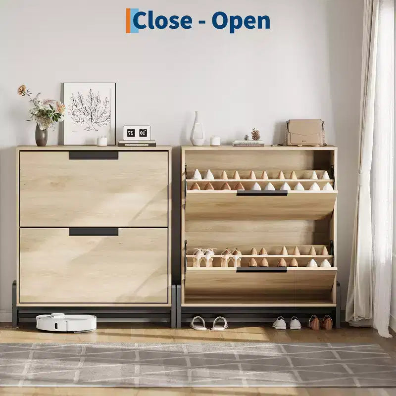 Schuhschrank mit 2 Klappfächern und Metallbeinen, freistehendes schmales Schuhregal, platzsparender Eichenholz-Schuh-Organizer für den Eingangsbereich