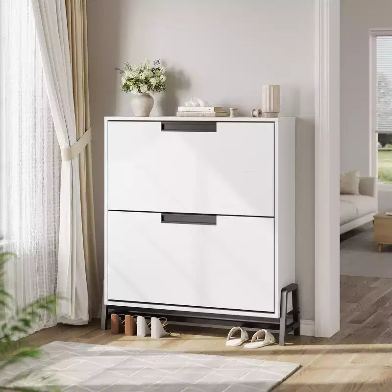 Schuhschrank mit 2 Klappfächern und Metallbeinen, freistehendes schmales Schuhregal, platzsparender Eichenholz-Schuh-Organizer für den Eingangsbereich