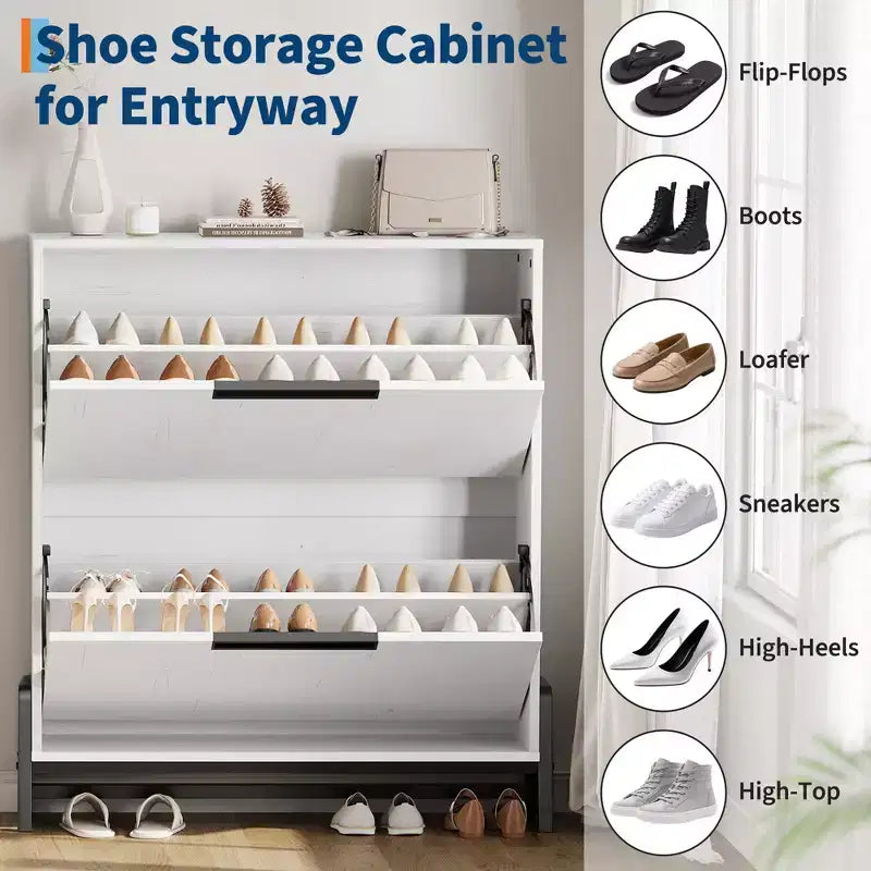 Schuhschrank mit 2 Klappfächern und Metallbeinen, freistehendes schmales Schuhregal, platzsparender Eichenholz-Schuh-Organizer für den Eingangsbereich
