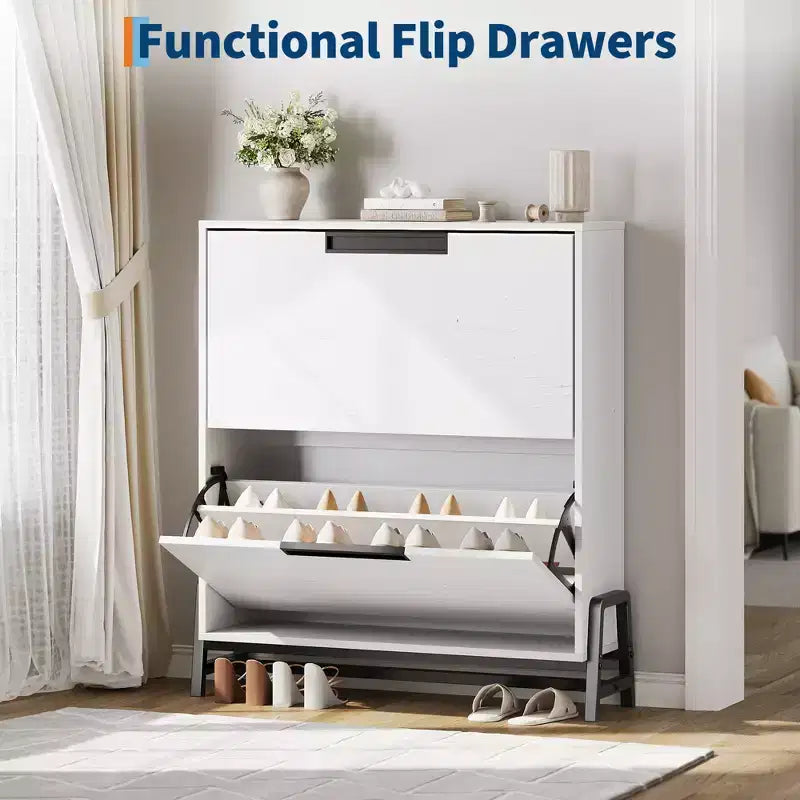 Schuhschrank mit 2 Klappfächern und Metallbeinen, freistehendes schmales Schuhregal, platzsparender Eichenholz-Schuh-Organizer für den Eingangsbereich