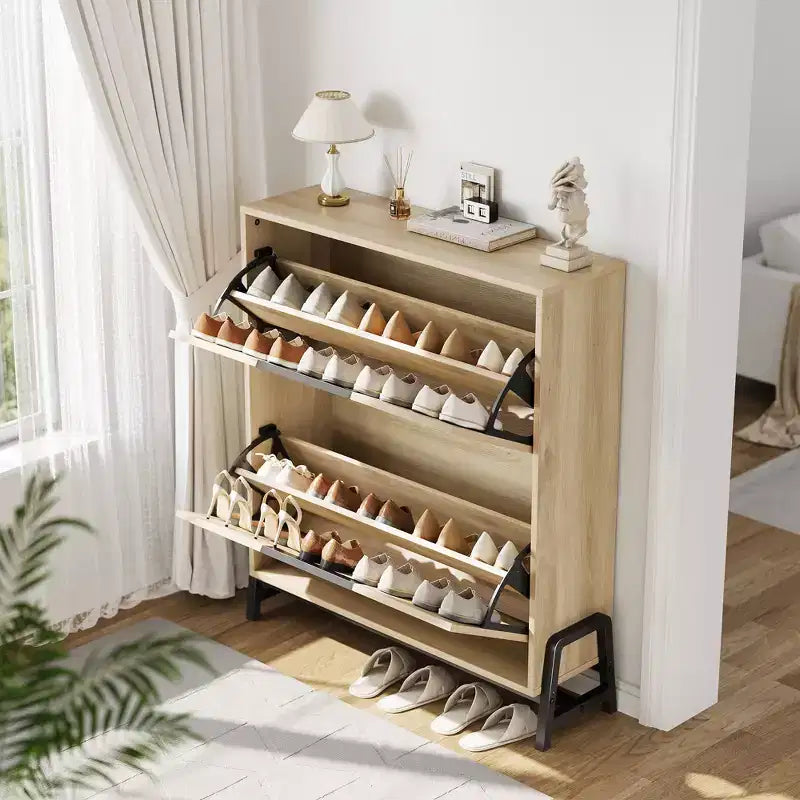 Schuhschrank mit 2 Klappfächern und Metallbeinen, freistehendes schmales Schuhregal, platzsparender Eichenholz-Schuh-Organizer für den Eingangsbereich