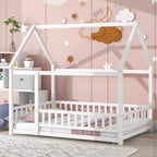 Bellemave Full Size Floor Bed Frame House Bed for Kids with Cute Roof Frame, Sturdy Wooden Floor Bed Safety Playhouse with Guardrails, White