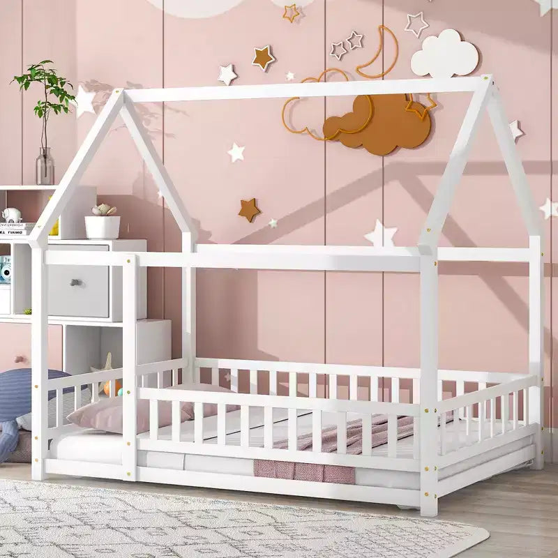 Bellemave Full Size Floor Bed Frame House Bed for Kids with Cute Roof Frame, Sturdy Wooden Floor Bed Safety Playhouse with Guardrails, White