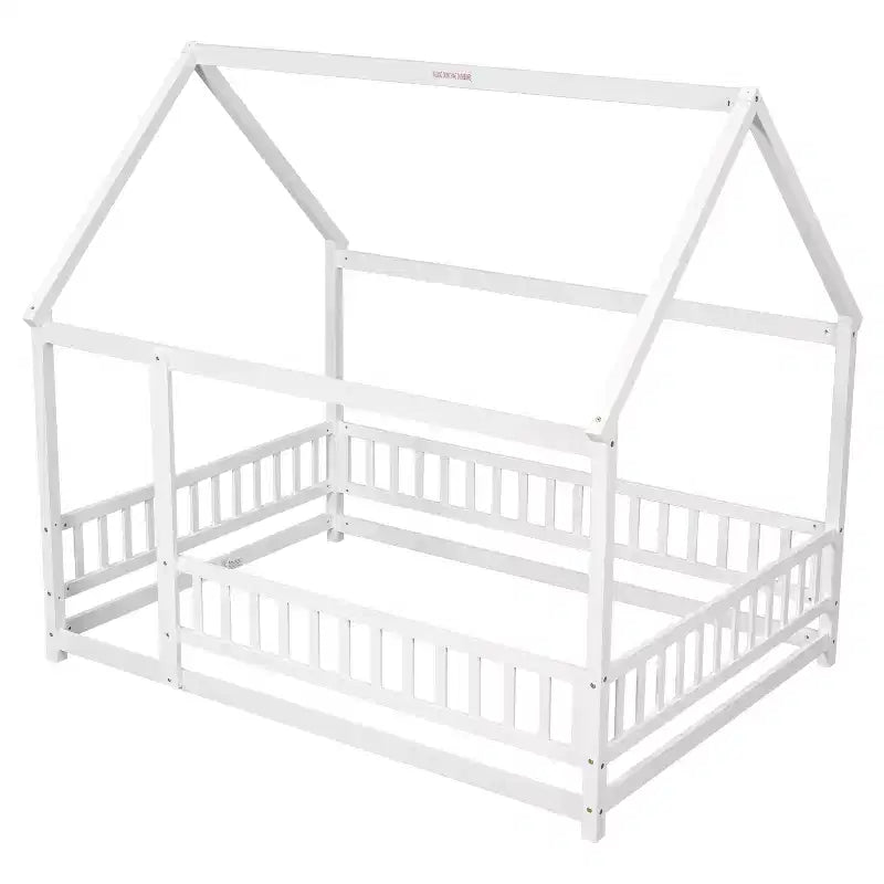Bodenbettgestell in voller Größe, Hausbett für Kinder mit niedlichem Dachrahmen, stabiles Holzbodenbett-Sicherheitshaus mit Geländern, Weiß