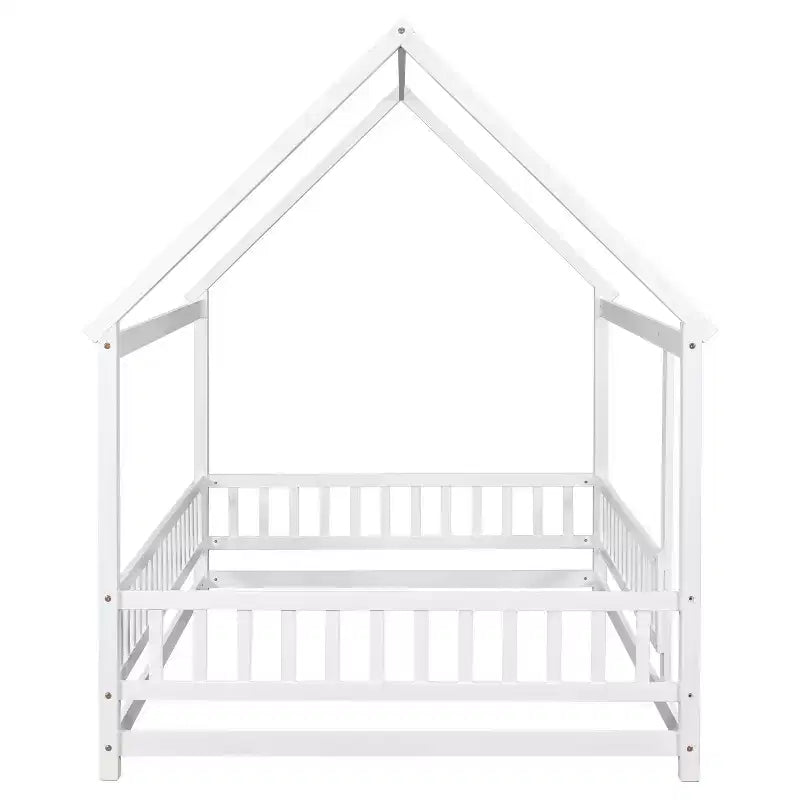 Bodenbettgestell in voller Größe, Hausbett für Kinder mit niedlichem Dachrahmen, stabiles Holzbodenbett-Sicherheitshaus mit Geländern, Weiß