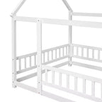 Bodenbettgestell in voller Größe, Hausbett für Kinder mit niedlichem Dachrahmen, stabiles Holzbodenbett-Sicherheitshaus mit Geländern, Weiß