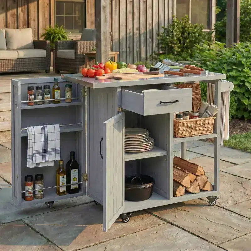 Gartenkücheninsel aus Tannenholz mit Stauraum, abschließbarer Servierwagen mit Edelstahlplatte, Handtuch- und Gewürzregalen für Terrasse/Küche