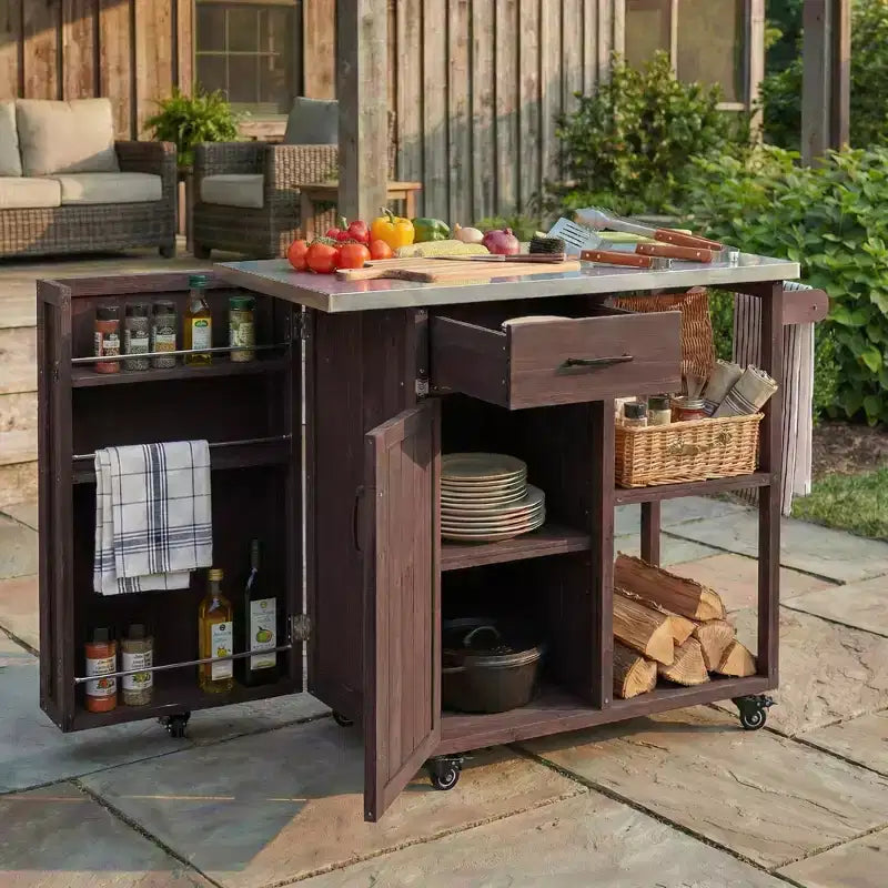 Gartenkücheninsel aus Tannenholz mit Stauraum, abschließbarer Servierwagen mit Edelstahlplatte, Handtuch- und Gewürzregalen für Terrasse/Küche