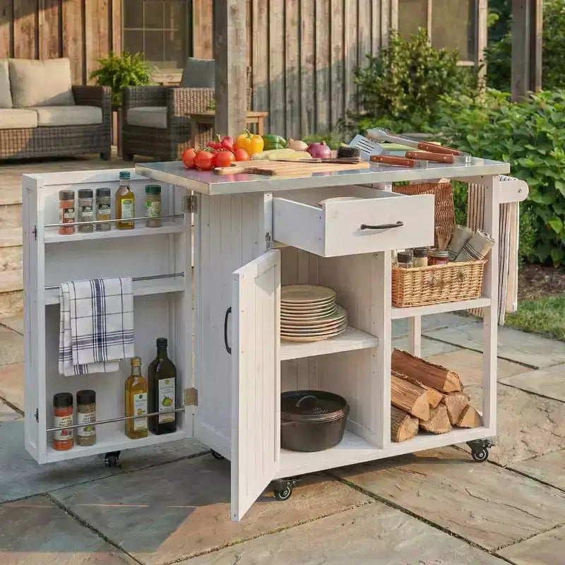 Gartenkücheninsel aus Tannenholz mit Stauraum, abschließbarer Servierwagen mit Edelstahlplatte, Handtuch- und Gewürzregalen für Terrasse/Küche