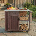 Fir Wood Outdoor Kitchen Island with Storage, Lockable Rolling Kitchen Cart with Stainless Top, Towel & Spice Racks for Patio/Kitchen - ModernLuxe