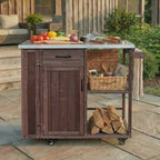 Fir Wood Outdoor Kitchen Island with Storage, Lockable Rolling Kitchen Cart with Stainless Top, Towel & Spice Racks for Patio/Kitchen - ModernLuxe