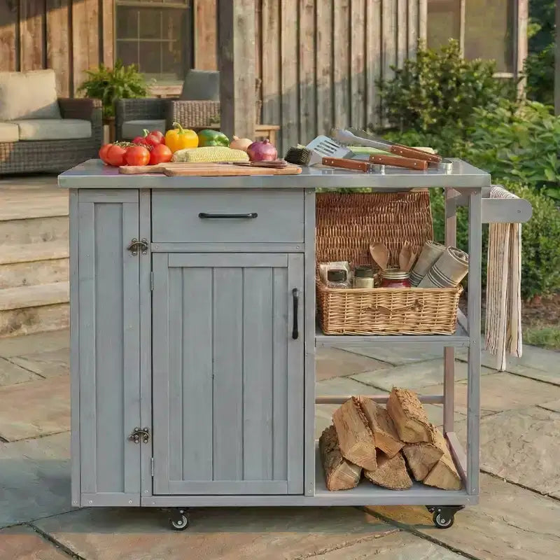 Gartenkücheninsel aus Tannenholz mit Stauraum, abschließbarer Servierwagen mit Edelstahlplatte, Handtuch- und Gewürzregalen für Terrasse/Küche