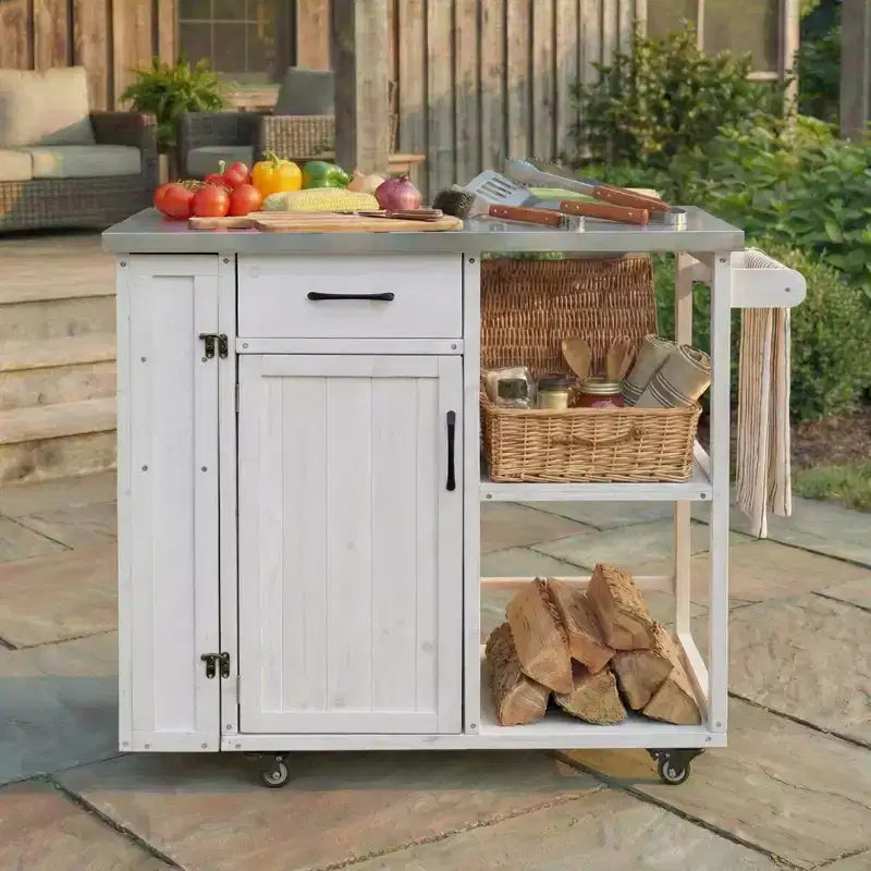 Gartenkücheninsel aus Tannenholz mit Stauraum, abschließbarer Servierwagen mit Edelstahlplatte, Handtuch- und Gewürzregalen für Terrasse/Küche