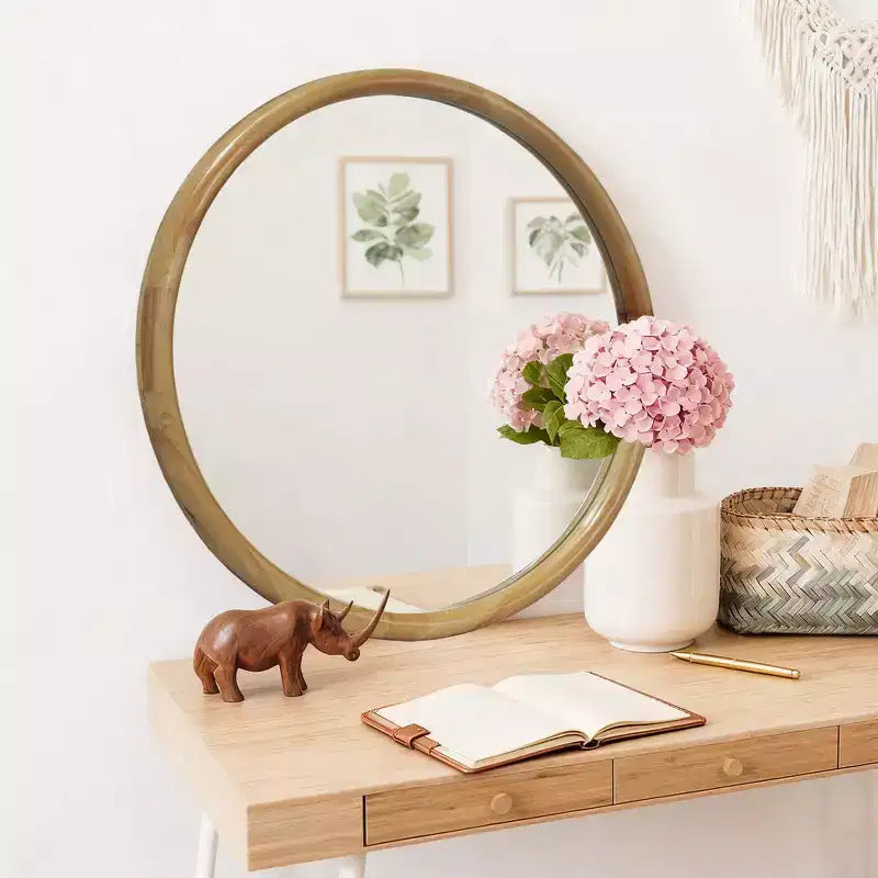 Whisen Natural Wood Round Decorative Wall Mirror, Mid-Century Modern Rustic Wall Mirror for Bathroom Entryway - Natural Wood