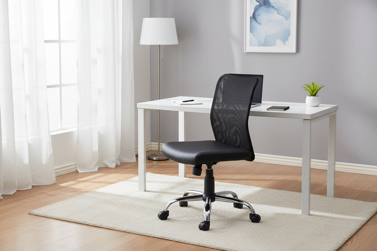 Armless Budget Mesh Task Chair Black - Boss Office Products: Pneumatic Lift, Chrome Base, Vinyl Seat