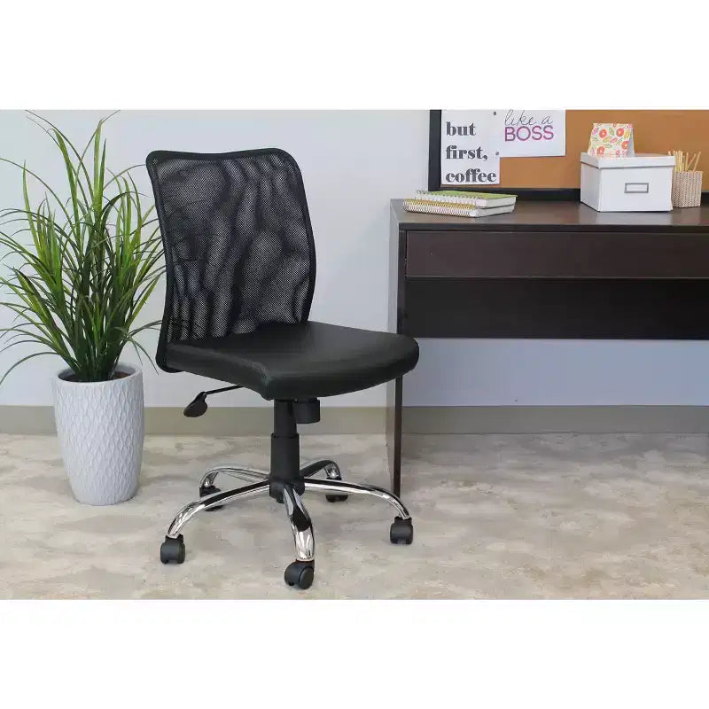 Armloser Budget-Netz-Bürostuhl Schwarz – : Pneumatische Höhenverstellung, Chromgestell, Vinylsitz