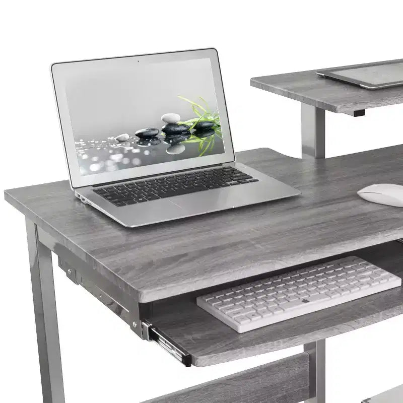 Kompletter Computer-Arbeitsplatz Schreibtisch Grau: Mit Schublade, Stahlrahmen, MDF-Oberfläche