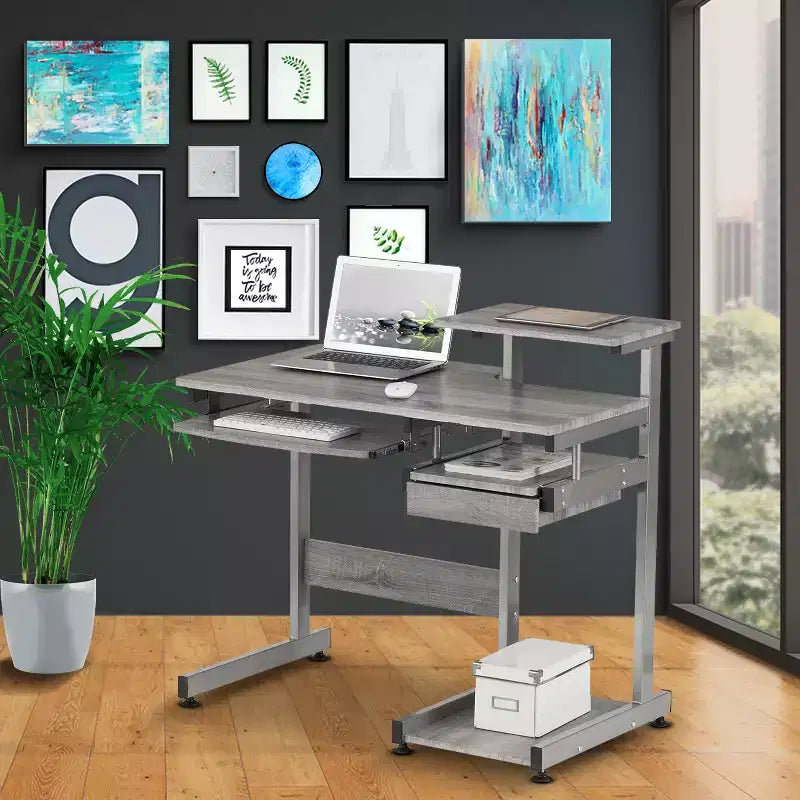 Kompletter Computer-Arbeitsplatz Schreibtisch Grau: Mit Schublade, Stahlrahmen, MDF-Oberfläche