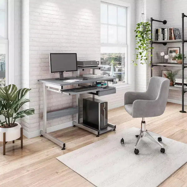 Kompletter Computer-Arbeitsplatz Schreibtisch Grau: Mit Schublade, Stahlrahmen, MDF-Oberfläche