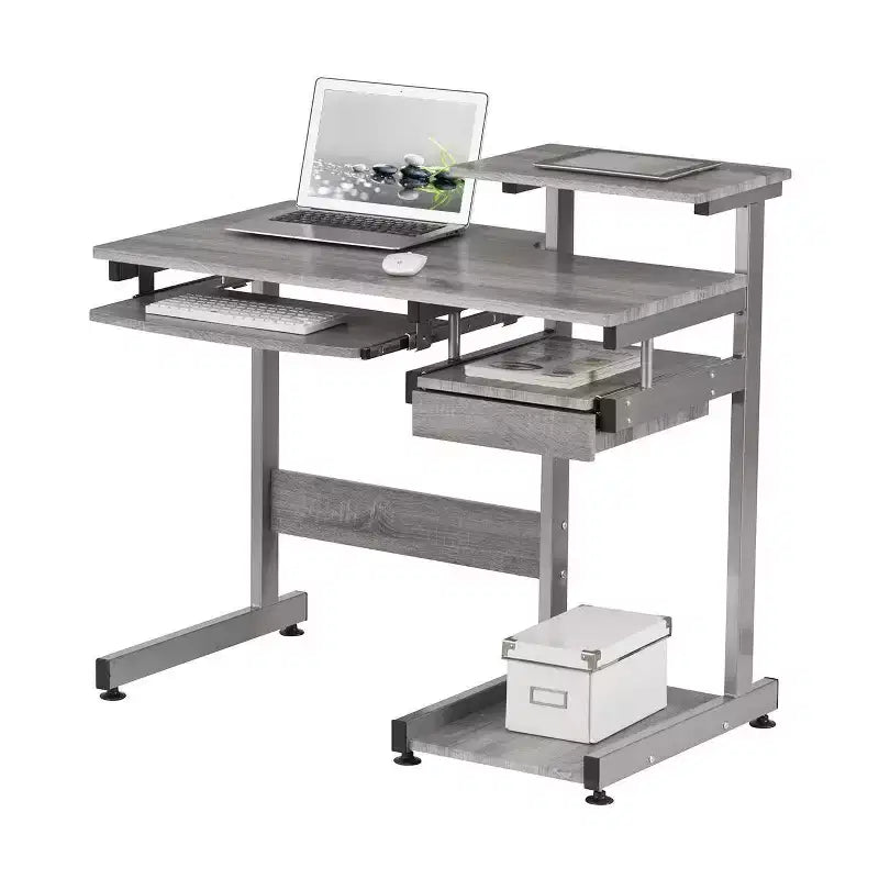 Kompletter Computer-Arbeitsplatz Schreibtisch Grau: Mit Schublade, Stahlrahmen, MDF-Oberfläche